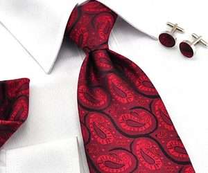  Necktie red black Jacquard silk Classic Mens Tie set Cufflinks Hanky