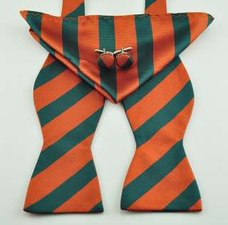 Bowtie set Cufflinks Hanky mens Silk Ties Bow Tie green & orange 
