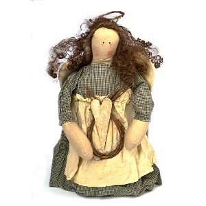  Primitive Muslin Angel with Long Curly Hair and Wood Heart 