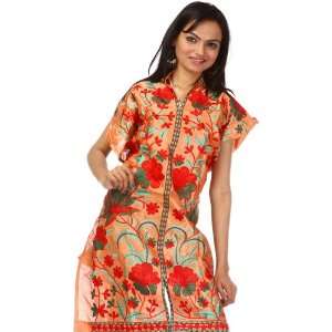  Ochre Phulkari Kurti from Punjab with Crewel Embroidery 