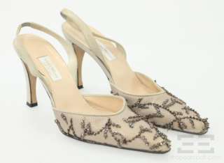 Vera Wang Gold Mesh And Iridescent Bead Trim Slingback Heels Size 6.5 
