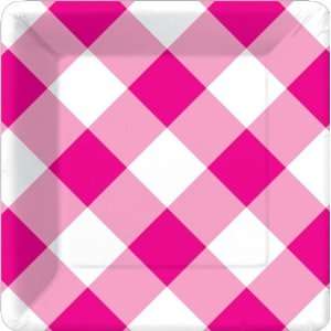 Gingham Pink 7 inch Square Paper Plate 