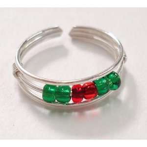  Green & Red Beaded Silver Toe Ring 