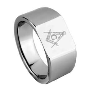 Tungsten Carbide Ring Polished Laser Etched Freemason Masonic Wedding 