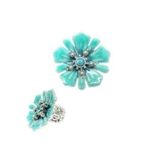  Turquoise Color Enamel Flower & Glass Crystal Stretch Ring 
