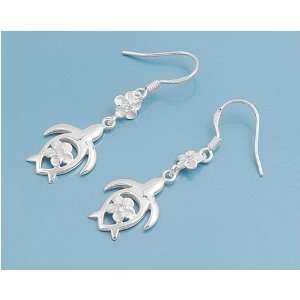  Silver Turtle Shaped Earrings with Plumeria and Clear CZ   Size 39mm